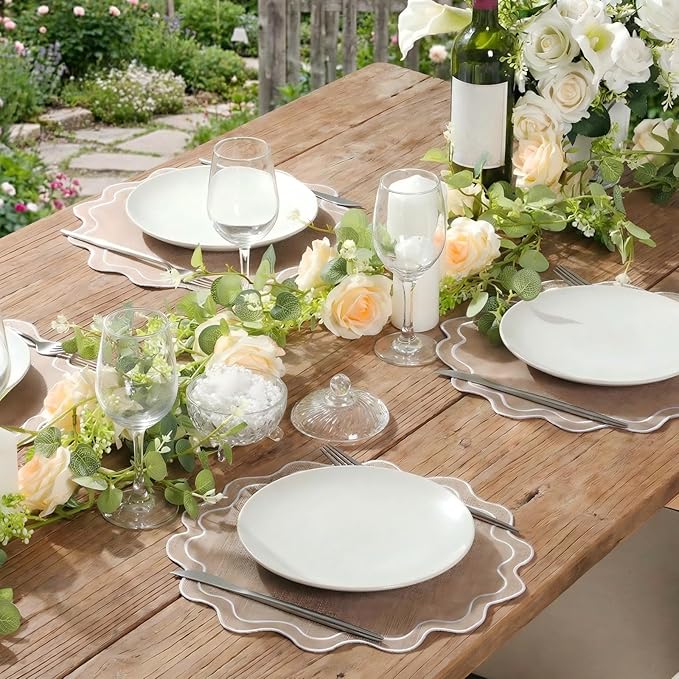 Set of 12 Cotton Linen Placemats, 15x15 Scalloped Flower Embroidery Cloth Table Mats Double Layered Fabric Washable Wrinkle Free Dining Placemat for Restaurant Kitchen Decor(Linen with White)