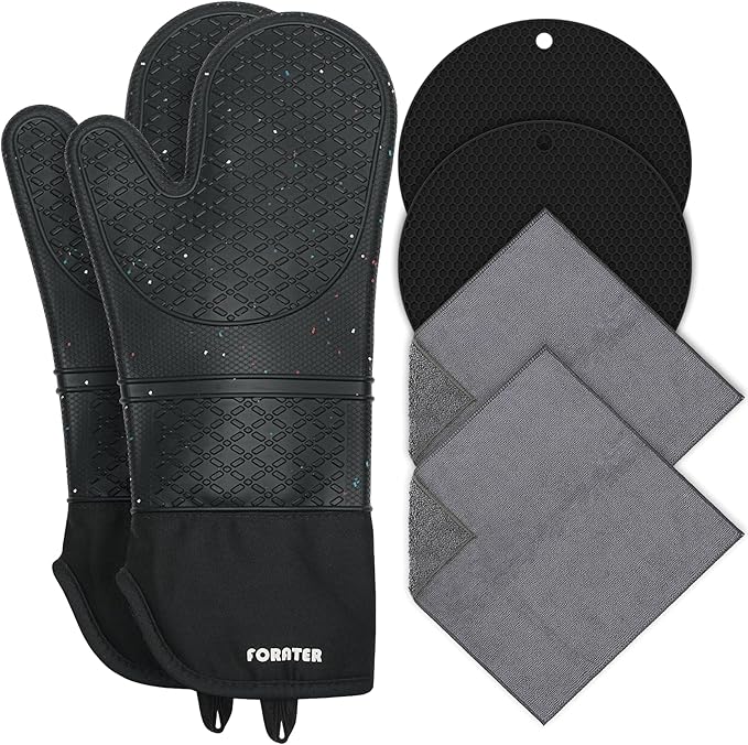 Silicone Oven Mitts 15'' Heat Resistant Flexible Oven Glove Set Hot Mitts with Soft Cotton Lining for Cooking, Baking, and Grilling (Black Mitts+potholders+Kitchen Towels, 15'')