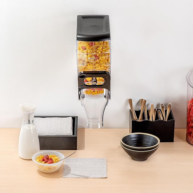 Restaurantware Cereal Dispenser 2 gal Plastic Wall-Mounted Gravity Bin Candy Dispenser Self-Serve Black Dry Food with Wall Mount Brackets for Breakfast Buffet or Hotel Use