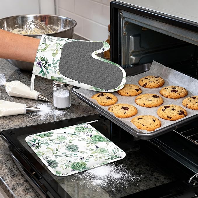 Succulent Plants Flowers Oven Mitts and Pot Holders (4PCS),Heat Resistant Non-Slip Silicone Kitchen Gloves for Cooking, Baking, BBQ Waterproof Kitchen Accessories