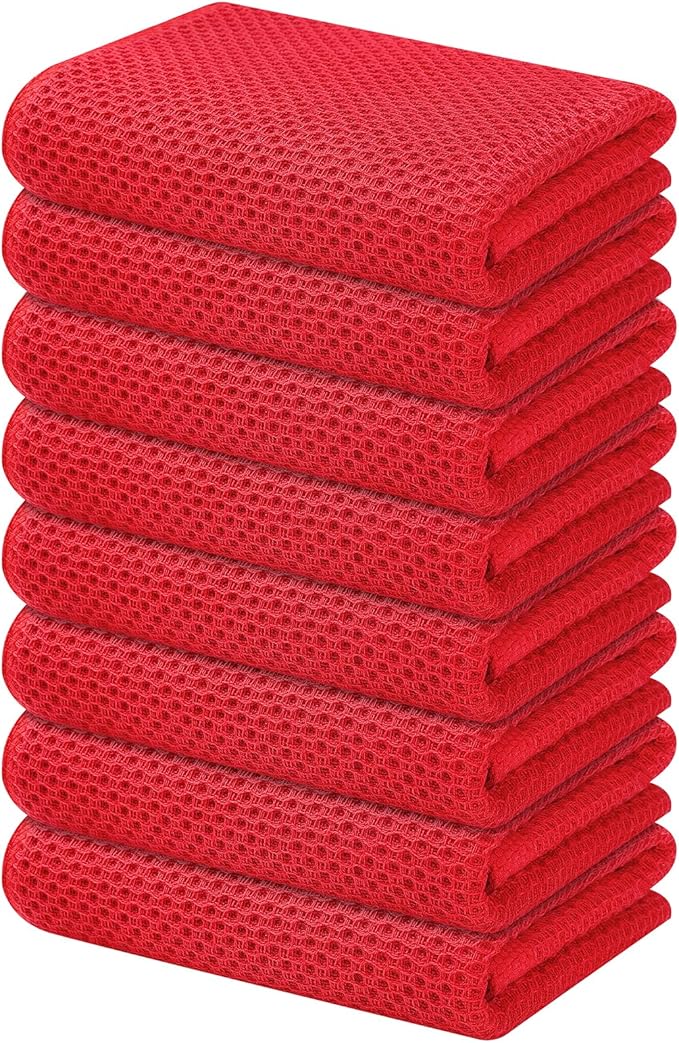 Kitinjoy 100% Cotton Waffle Weave Kitchen Hand Towels (13 X 28 Inches, Red), 8-Pack Super Soft and Absorbent Dish Towel for Drying Dishes