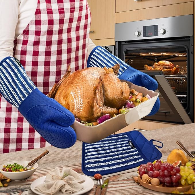 Alselo Silicone Oven Mitts Heat Resistant 932℉ with Waterproof & Non-Slip Kitchen Mittens, Set of 2 Extra Long Oven Gloves with Soft Cotton Terry Lining for Baking Cooking Barbecue (Cobait Blue, 2)