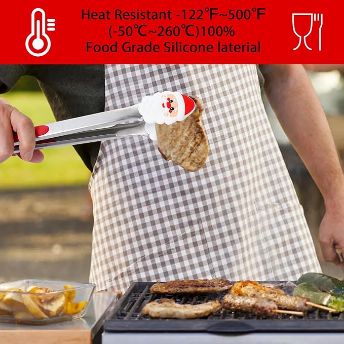 Kitchen Tongs, Premium Stainless Steel, Food-Grade Silicone Tips with Christmas Design, Heat Resistant 500ºF, 2-Piece Set (9'' and 12'')