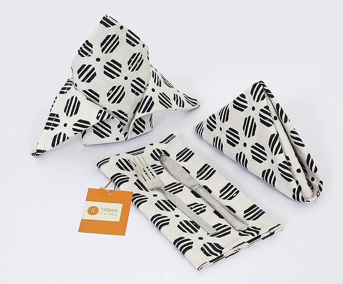 TARAN LIVING Cotton Cloth Napkins Reusable Fall Dinner Christmas Napkin Set Machine Washable Dish Cloth for New Year Gift, Home Decor - Black & Off White, 18"x18" - Set of 4