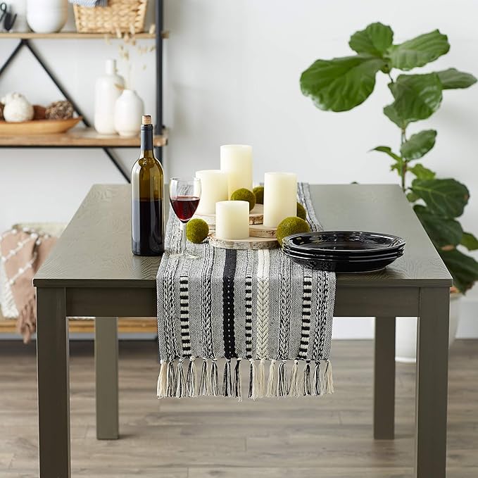 DII Farmhouse Braided Stripe Table Runner Collection, 15x72 (15x77, Fringe Included), Black