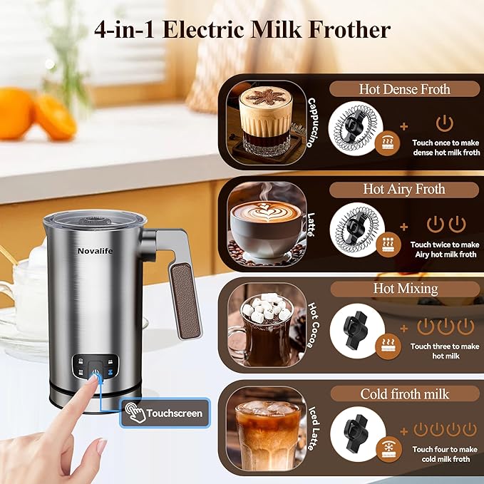 Novalife Milk Frother, 4 in 1 Milk Frother and Steamer with Two Whisks, Frothing Whisk and Heating Whisk, Automatic Warm and Cold Foam Maker for Coffee Latte Cappuccino Macchiato Hot Chocolate Matcha