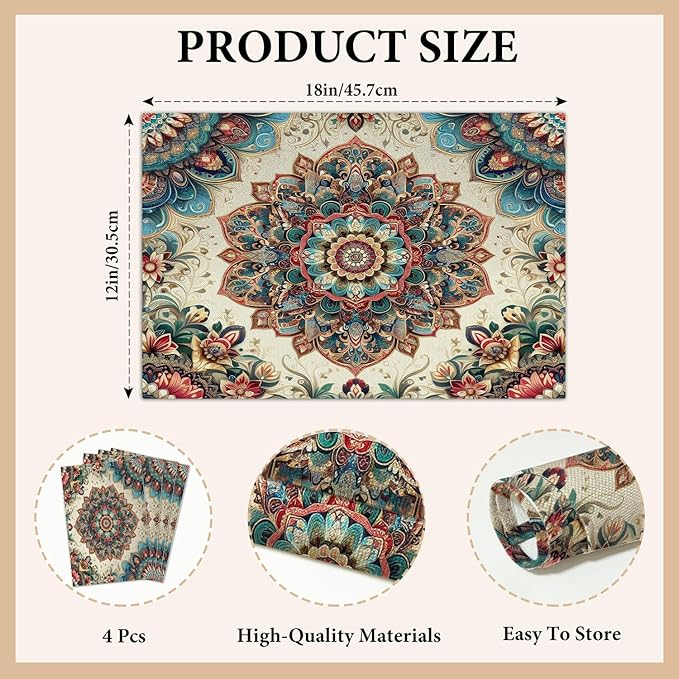 Cotton Linen Waterproof Placemats Set of 4, Boho Ethnic Style Dining Mat Table Mats Decor Fabric for Kitchen Dinner Coffee Shop Table, Indoor/Outdoor Washable Wipeable Placemat -N019