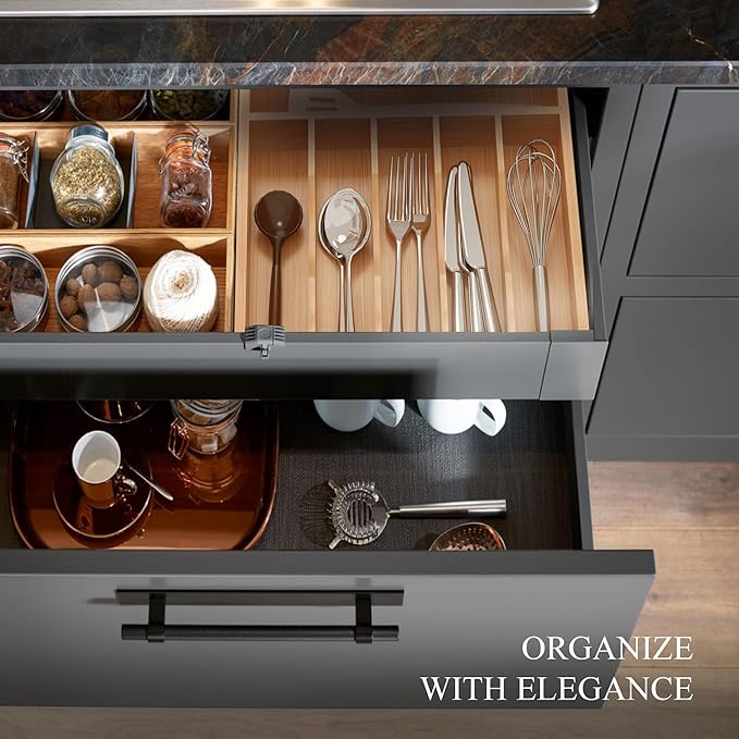 Silverware Organizer, Bamboo Kitchen Drawer Organizer, Utensil Holder, Cutlery Tray & Spoon Flatware Storage with Grooved Drawer Dividers (11''W x 16''D)