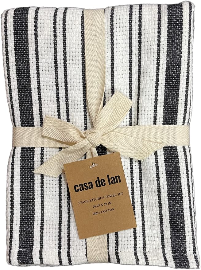 Kitchen Towels Set – Pack of 3 (20’’ x 30’’) Extra Large Premium Cotton Dish Towels for Kitchen – Basket Weave Towels – Absorbent – 100% Cotton – with Hanging Loop – Black
