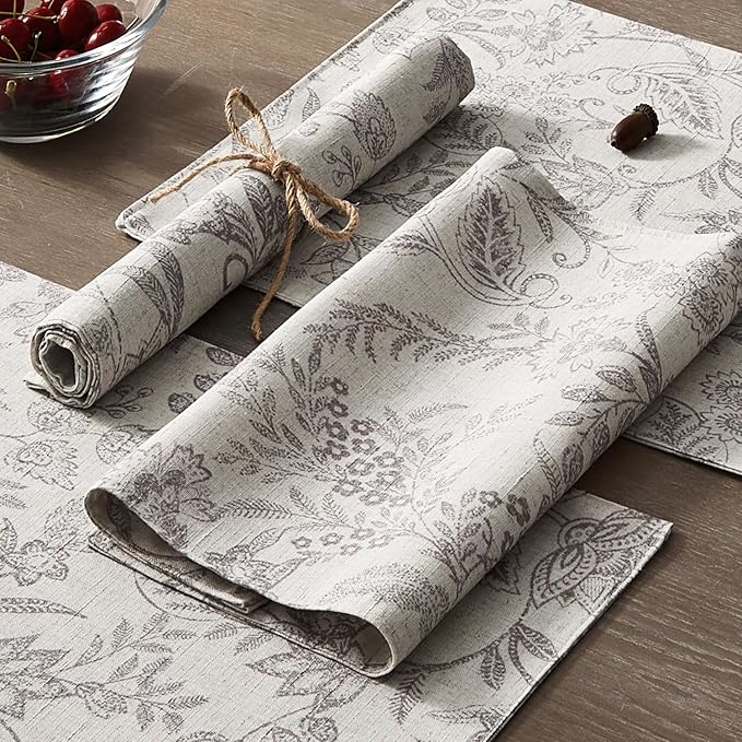 JINCHAN Linen Floral Placemats Set of 4 Cloth Table Mats Rustic Cottagecore Botanical Outdoor Seasonal for Kitchen Dining Table Decor Non-Slip Washable Tablemats 13x19 Inch Grey