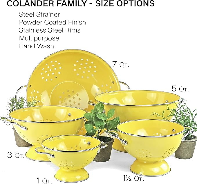 Reston Lloyd, 1.5 Quart Powder Coated Steel Kitchen Strainer Basket for draining Pasta, Vegetable and Fruit, Chrome Handles and Wide Stable Base, Lemon