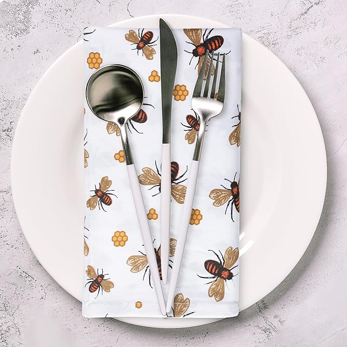 Urban Villa Cloth Napkins Honey Bee Print 100% Cotton Absorbent Dinner Napkins (Set of 6) Oversized 20x20 Inches Soft Durable Reusable Washable Ideal for Everyday Use Wedding Parties Premium Quality