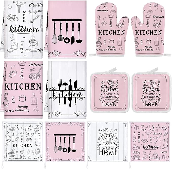 12 Pcs Farmhouse Pink Kitchen Decorations Sets 4 Pink and White Kitchen Towels 4 Absorbent Dishcloths 2 Pot Holders 2 Oven Mitts Gloves for Home Decorations Mom Gifts