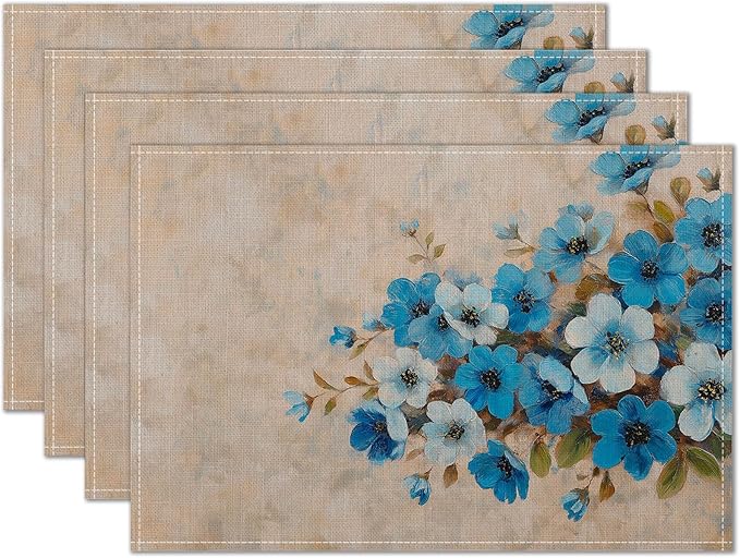 HOMETITUTE Placemats Set of 4 12x18 inch Spring Table Mats for Dining Table Painted Floral Linen Placemats Farmhouse Decorations Kitchen Decor Desk Mat for Outdoor Home Party Kitchen Seasonal Dining