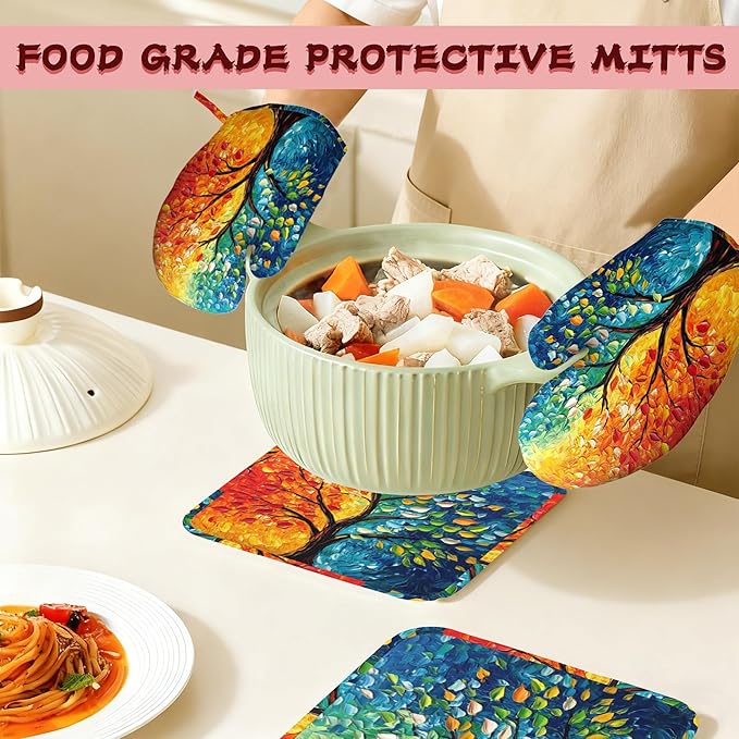 Tree of Life Silicone Oven Mitts and Pot Holders,Heat-Resistant 4 Piece Kitchen Set Non-Slip Oven Gloves and Hot Pads for Cooking, Baking, Grilling,BBQ