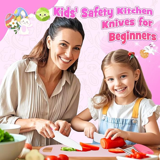 9 Pcs Kids Safe Knife Set for Real Cooking, Kids Kitchen Knife Set with Cutting Board,Crinkle Cutter,Sandwich Cutter, Montessori Kitchen Tools for Toddlers Kid 3-10 Years Old Girl Boy Birthday Gifts