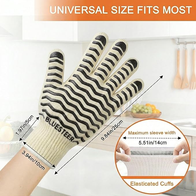 Oven Gloves 932°F Heat Resistant Oven Mitts with Fingers, Heat Proof BBQ Grill Gloves Silicone Grip Fireproof Gloves for Kitchen Cooking Grilling Baking