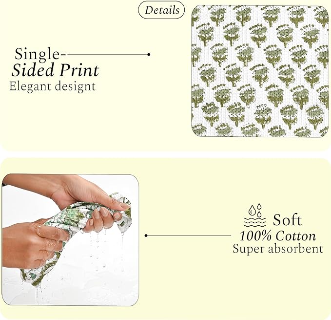 CPC Emerald Green Hand Block Printed Cotton Waffle Dish Cloth Set of 6-12x12 Inch Super Absorbent, Soft, Reusable Kitchen Towels for Dish Drying & Cleaning Ideal for Spring, Mother's Day
