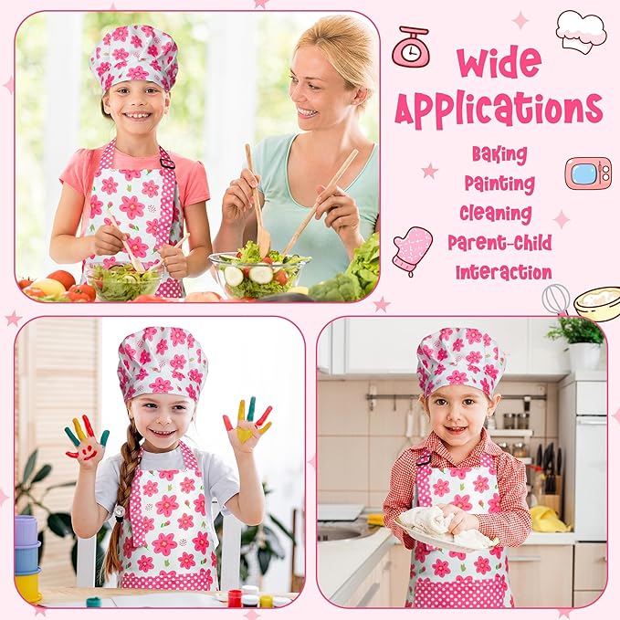 R HORSE Kid Apron and Chef Hat Set - 2Pcs Adjustable Children Pink Flower Kitchen Toddler Apron for Girls, Role Play Chef Toy Cooking Baking Painting and Training Kits Kid Funny Cooking Birthday Gift