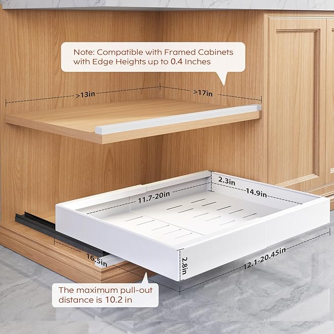 Seinloes 2 Pack Pull Out Cabinet Organizers 16.5" Deep With Raising Pad for Framed Cabinets,Expandable Slide Out Drawers Upgrade 3 Slide Rails,Roll Out Shelves,Adjustable Width 12.1"-20.45" White