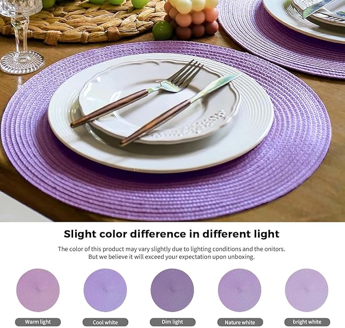 FunWheat Round Braided Placemats Set of 6 Table Mats for Dining Tables Woven Washable Non-Slip Place mats 15 inch(Lilac Purple, 6pcs)