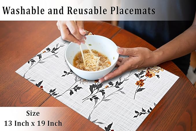 Ruvanti Placemats 100% Cotton 13x19 Inch, Dining Table Placemats Set of 6, Modern Place Mats for Dining Table Decor, Kitchen & Table Linens, Coffee Mat for Christmas Dinners - Grey Floral