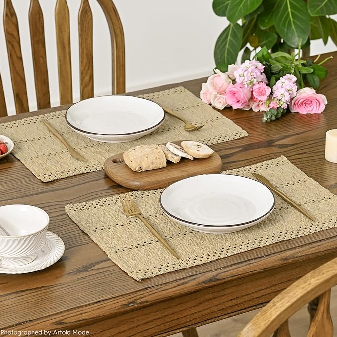 Artoid Mode Burlap Brown Farmhouse Woven Rustic Hollow Placemats Set of 6,12x18 Inch Seasonal Holiday Table Mats Party Kitchen Dining Decoration