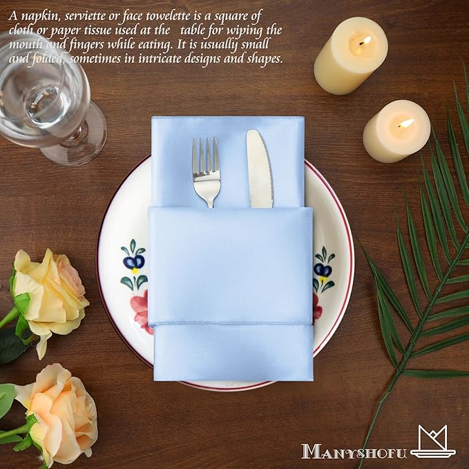 Manyshofu 60 Pieces Baby Blue Satin Napkins - 20x20 Inches Cloth Napkins, Square Satin Fabric Napkin Set - Soft & Reusable Table Napkin for Wedding Dinner Party Lunch
