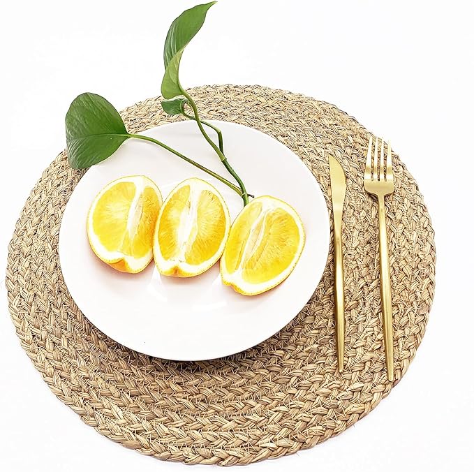 Woven Placemats for Dining Table Set of 2, 100% Natural Straw, Rustic Round Placemats Farmhouse Table Mats Rattan Wicker Placemats Hand Braided Place Mats for Indoor Outdoor, 14.17“