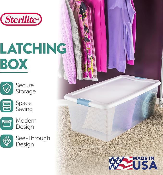 Sterilite 16-Pack Latching Box, Under Bed Storage Bins with Lids, Clear Plastic, 106 Quart - Heavy-Duty Organizing Containers for Closet, Bathroom, and Office