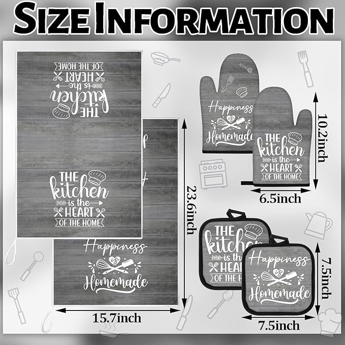 Sratte 6 Pcs Kitchen Decor Accessories Set Farmhouse Towels Pot Holders Oven Mitts Set 2 Dish Towels 2 Potholders 2 Cooking Mittens Oven Glove for Christmas Baking Cooking (Dark Gray)