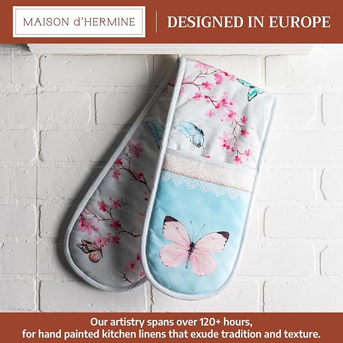 Maison d' Hermine Double Oven Mitts 100% Cotton 7"x35" Double Oven Mitt Heat Resistant BBQ Cooking Gloves with Loop Baking Grilling Gifts for Mothers Day Spring Summer (Blossoms in Spring)