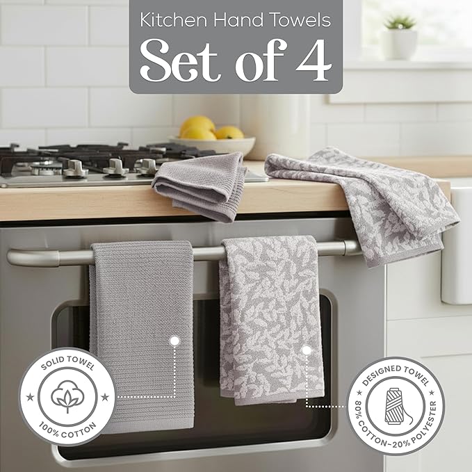 MosJos Kitchen Towels, Cotton Hand Towels, Grey and White Vine Ribbed Hand Drying Cloth Set of 4 Absorbent Hand Towels, 18 x 28 Kitchen Linens