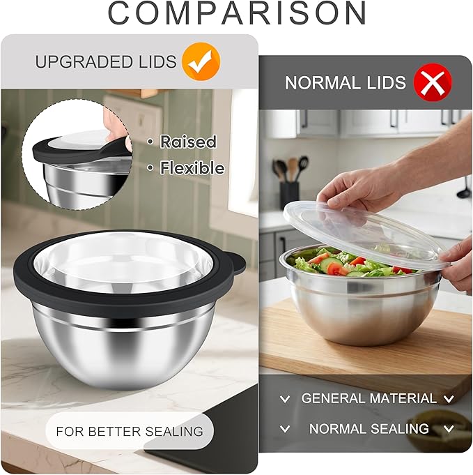 HaWare Mixing Bowls with Airtight Clear Lids, 6-Piece Stainless Steel Strong Nesting Bowls Set, Metal Salad Bowl for Cooking, Prepping, Baking, Serving & Food Storage, Size 4.6, 3, 1.5QT, Black