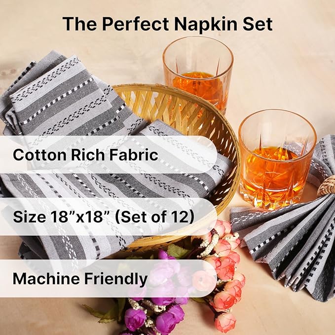 LFH Home Cotton Rich Cloth Salsa Napkin Set of 12 Washable Soft Durable Striped Table Napkins for Dining Wedding, Daily Use Reusable Eco-Friendly Fabric Napkins (18x18)-Grey Thanks Giving