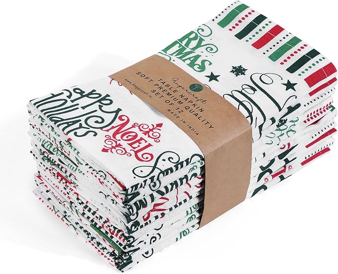 FINGERCRAFT Cloth Napkins, Set of 12 Cotton Linen Blend Printed Dinner Napkins Cloth Mitered Corner Perfect for Parties Dinners Christmas 20x20 Holiday