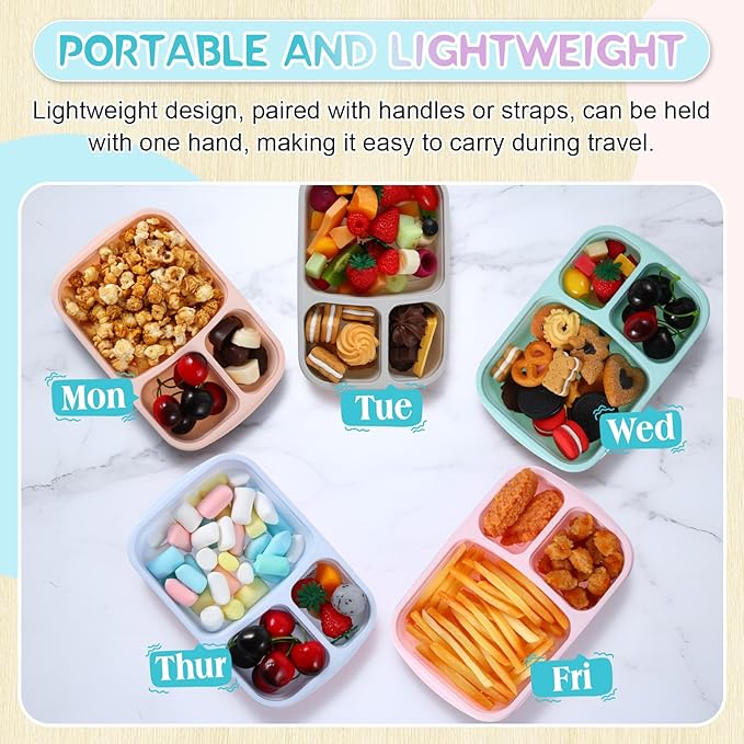 Honeydak 5 Pack Snack Containers 3 Compartment Bento Snack Boxes Divided Meal Prep Containers with Lids Reusable Adults Lunch Food Storage Box for School Work Travel(Youthful Color)