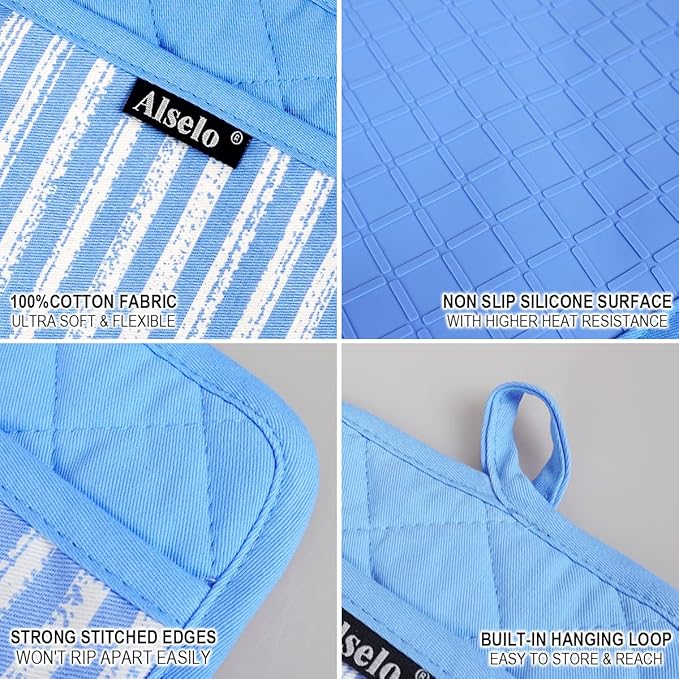 Alselo Silicone Pot Holders Set of 3 Heat Resistant & Non Slip Potholders, Professional Oven Hot Pads with Pockets Mitts for Kitchen Cooking Baking Barbecue (3, Blue)