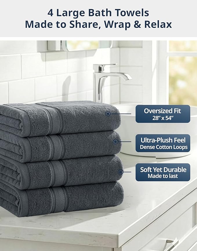 LANE LINEN 100% Cotton 4 Pack Bath Towels Set (28"x54") - Zero Twist, Large Cotton Towels for Bathroom - Quick Dry, Soft & Absorbent Bath Towel Set - Remains Soft After Multiple Washes - Cool Grey