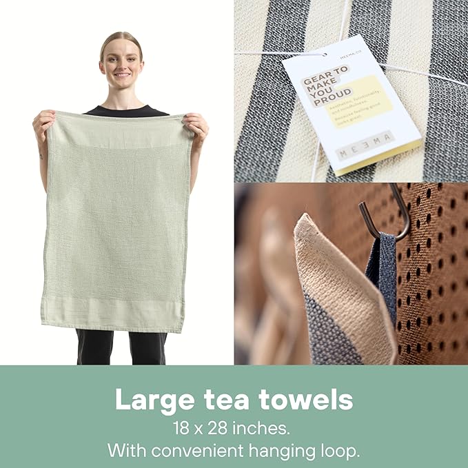 MEEMA Upcycled Spring Kitchen Towels Cotton Fabric | Super Absorbent Hand Towels with Hanging Loop | Cleaning Rags and Dish Towels for Kitchen | Sage Green | Large 18 x 28 Inch | 4-Pack