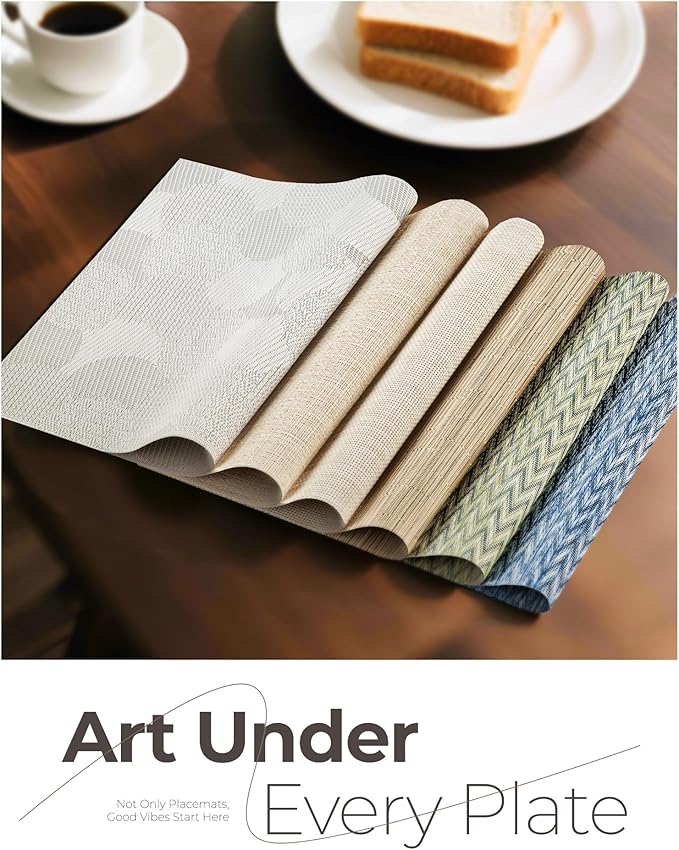 Leetaltree Beige Placemats Set of 6 - Heat Resistant Non-Slip Place mats for Dining Table, Washable Durable PVC Vinyl Woven Table Mats(Beige, 6)