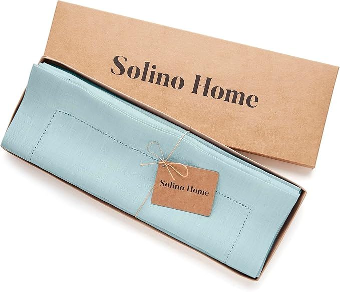 Solino Home Linen Cloth Placemats Set of 4-100% Pure Linen Hemstitch Aqua Blue Placemats 14 x 19 Inch - Classic Hemstitch Table Place Mats for Spring, Summer, Mothers Day
