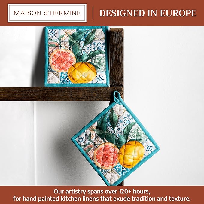 Maison d' Hermine Pot Holders 100% Cotton Heat Resistant Potholders 8" x 8" Hot Pads with Loop BBQ Cooking Baking Gifts for Mothers Day Handling Hot Pans Spring/Summer (Pack of 2, Agrume)