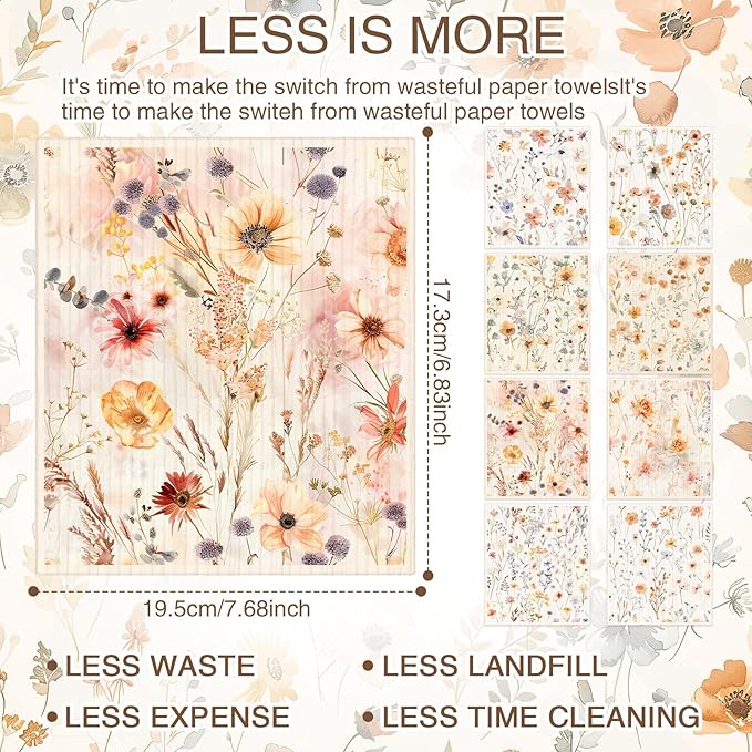 Tegeme 8 Pcs Watercolor Floral Swedish Dishcloth Kitchen Spring Flower Dish Towels Swedish Dish Cloth Absorbent Cotton Reusable Cleaning Kitchen Towels for Summer Housewarming Gift, 6.8 x 7.7''