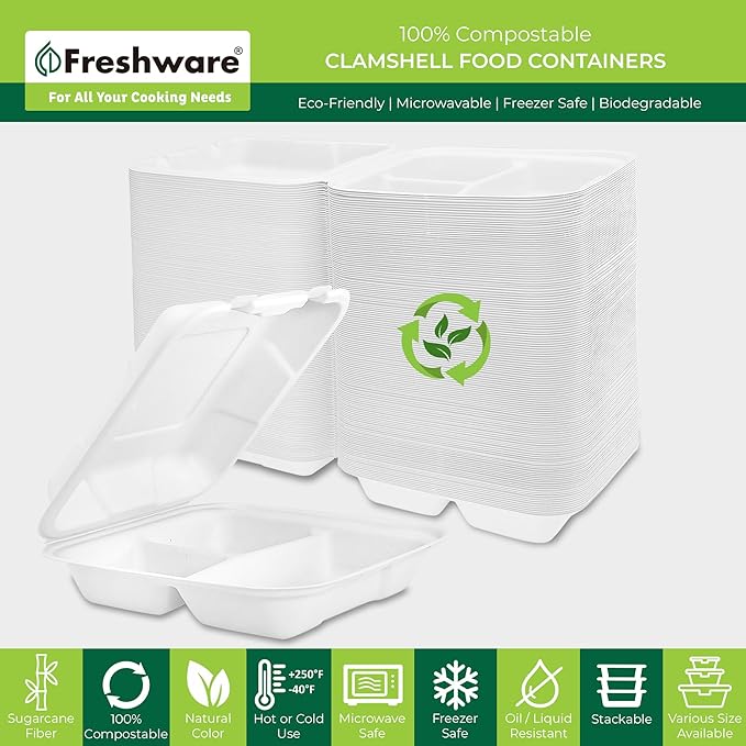 Freshware Clamshell Food Containers with Lids [8x8"] 3-Compartment 200-Pack, Disposable To Go Containers, Biodegradable Sugarcane To Go Boxes - Paper Containers - Microwave & Freezer Safe, Stackable