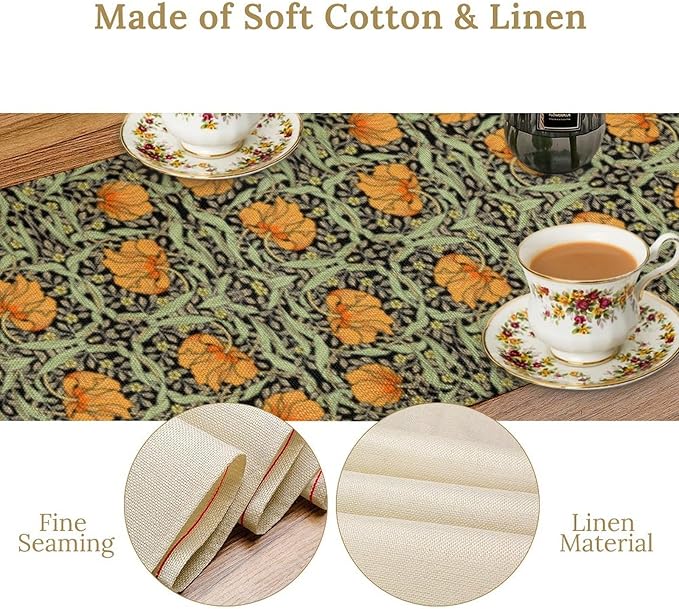 William Morris Vintage Floral Table Runner Farmhouse Sage Green Orange Art Printed Dinner Runner for Home Kitchen Dining Table Decor Fabric 1 Panel W13xL70in