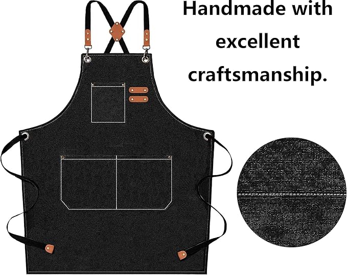 AFUN Chef Aprons for Men Women with Oversized Pockets, 16-Ounce Cotton Canvas Cross Back Heavy Duty Work Apron (Black)