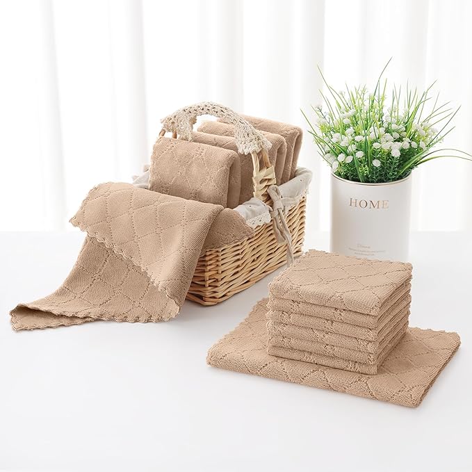 Homaxy Kitchen Towels and Dishcloths Set, 10 x 10 and 13 x 19 Inches, Set of 12 Super Soft and Absorbent Coral Velvet Kitchen Towels, No Lint and Nonstick Oil Fast Drying Dish Towel, Tan