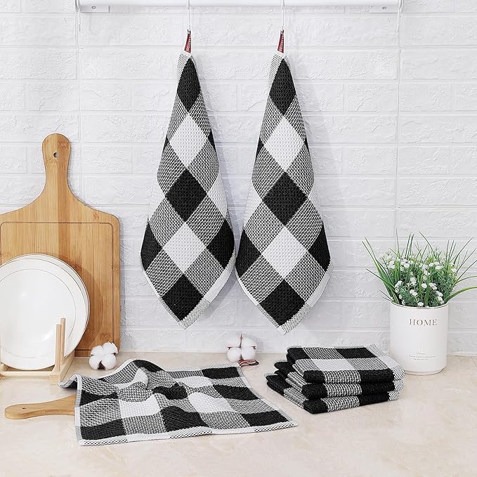 Mordimy 100% Cotton Waffle Weave Plaid Dish Cloths, 12 x 12 Inches, Super Soft and Absorbent Quick Drying Buffalo Check Dish Rags for Kitchen, 6-Pack, Black & White