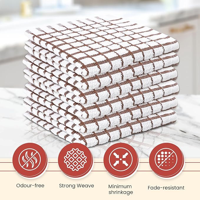 Vintage Vista 100% Cotton Dish Cloths (Pack of 6) - Dish Rags for Washing Dishes - Reusable & Highly Absorbent Kitchen Towels - Kitchen Rags fo Easter - (12" x 12" - Natural Brown Checkered)